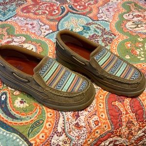 Tan,Twisted X mocks with woven geometric pattern. Not worn outside